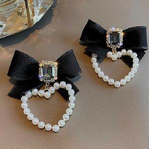 Pearl Heart Bow Statement Earrings
